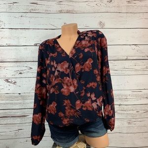 Vince Camuto Navy And Red Floral Wrap Blouse